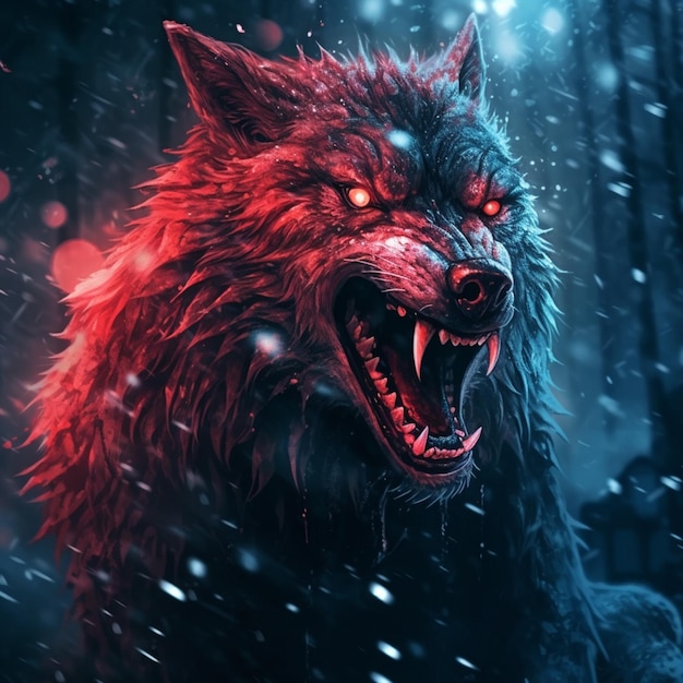 Un lupo con gli occhi rossi e uno sfondo blu