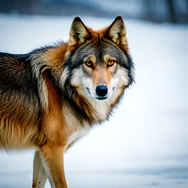 Un lupo con il naso nero e la faccia bianca è in piedi nella neve.