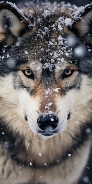 Un lupo con la neve sulla faccia