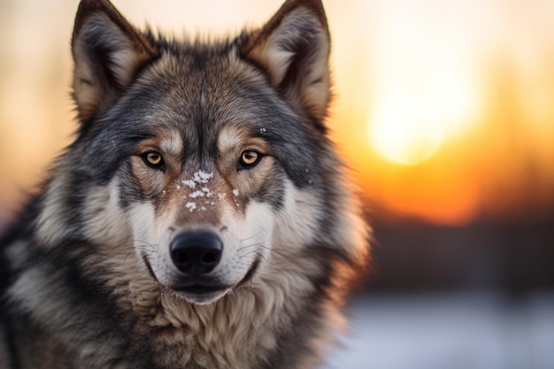 Un lupo con la neve sulla faccia .