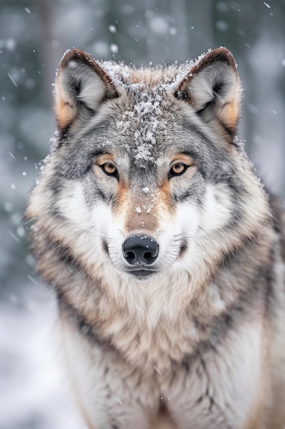 un lupo con la neve sulla testa