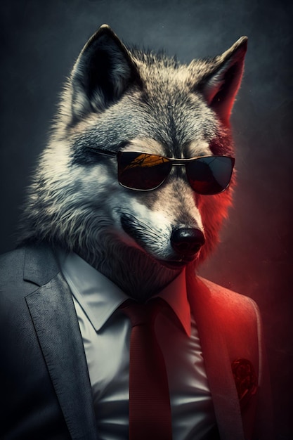 Un lupo con occhiali da sole e abito è in piedi davanti a uno sfondo scuro.