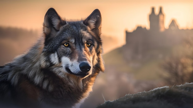 Un lupo con un castello sullo sfondo