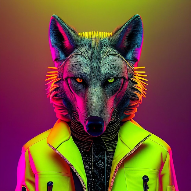 Un lupo con una giacca gialla è in piedi davanti a uno sfondo al neon.