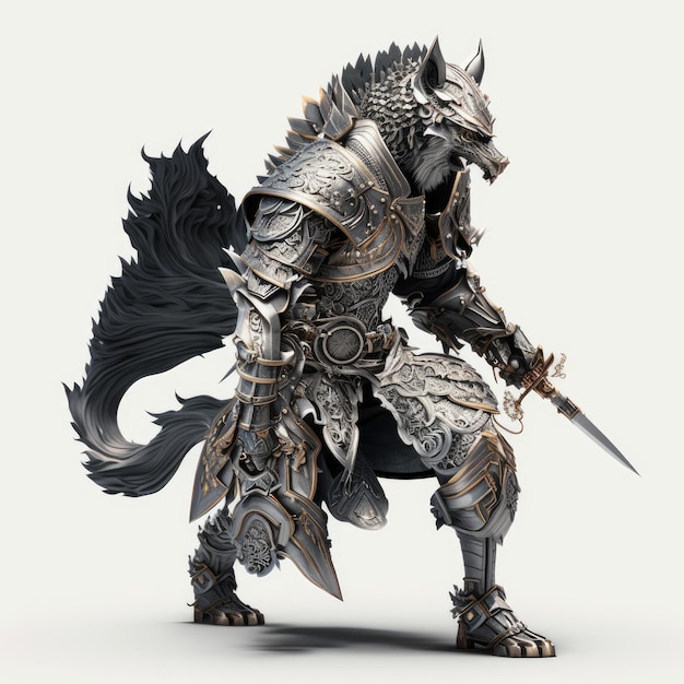 Un lupo con una spada è in piedi su uno sfondo bianco.