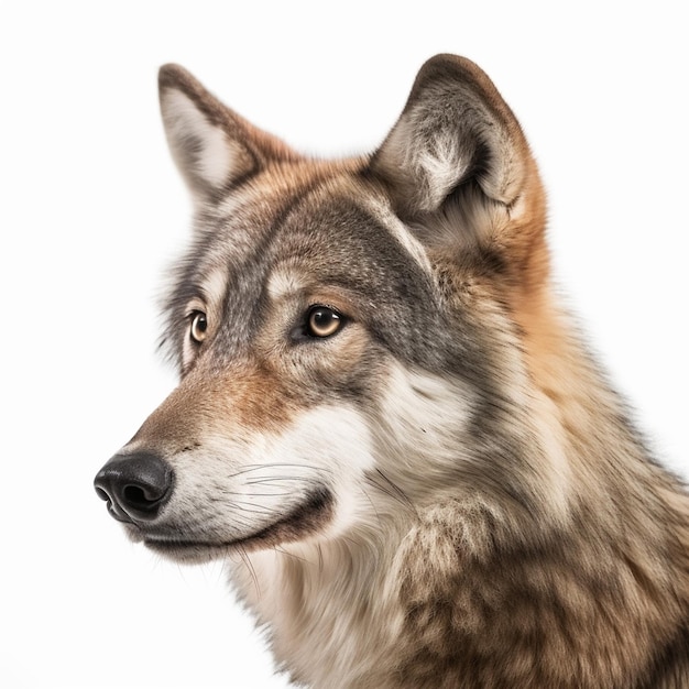 Un lupo con uno sfondo bianco e un naso nero.