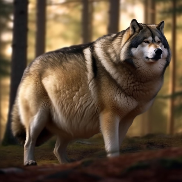 un lupo è in piedi nel bosco con gli alberi sullo sfondo.