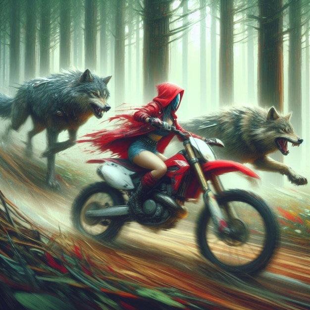 un lupo e un lupo stanno correndo su una motocicletta