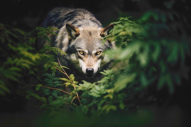 Un lupo grigio insegue un sentiero nel bosco con lo sguardo penetrante e le sopracciglia aggrottate che riflettono i suoi istinti naturali e la bellezza primordiale