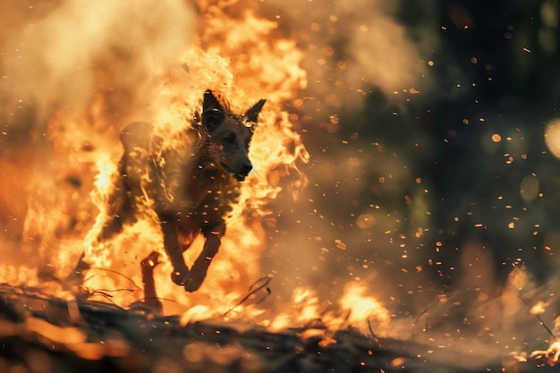Un lupo in fiamme cerca di uscire da un incendio boschivo e fumo