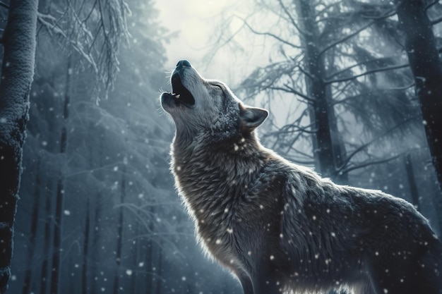 Un lupo in piedi nella neve in un'immagine ai generativa della foresta