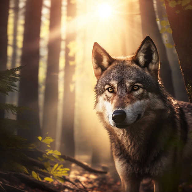 Un lupo nel bosco con il sole che splende su di esso