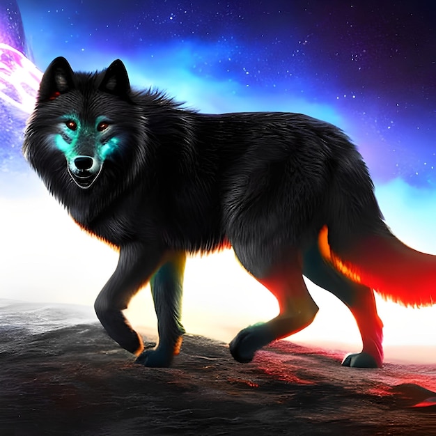 Un lupo nero con gli occhi azzurri e un anello rosso intorno alla bocca.