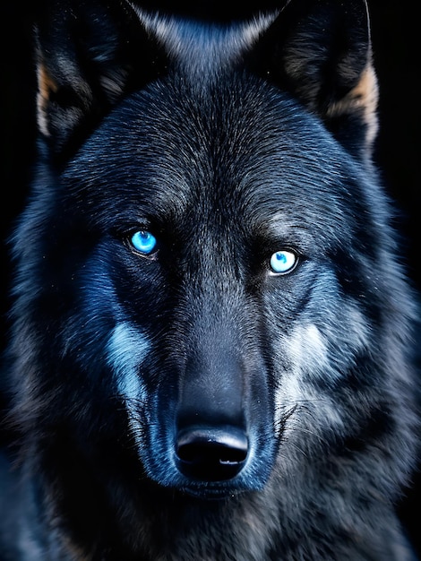 Un lupo nero con gli occhi blu e uno sfondo nero è stato generato