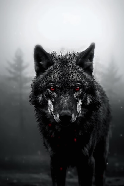 Un lupo nero con gli occhi rossi e uno sfondo nero