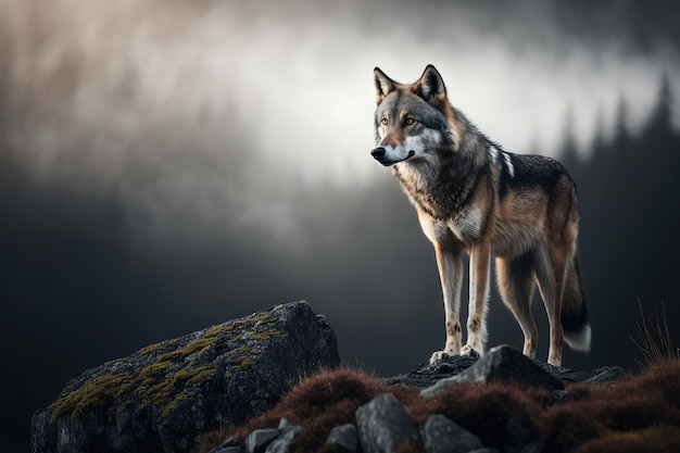 Un lupo solitario in piedi su una montagna rocciosa