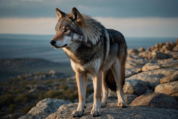 un lupo solitario in piedi su una montagna rocciosa
