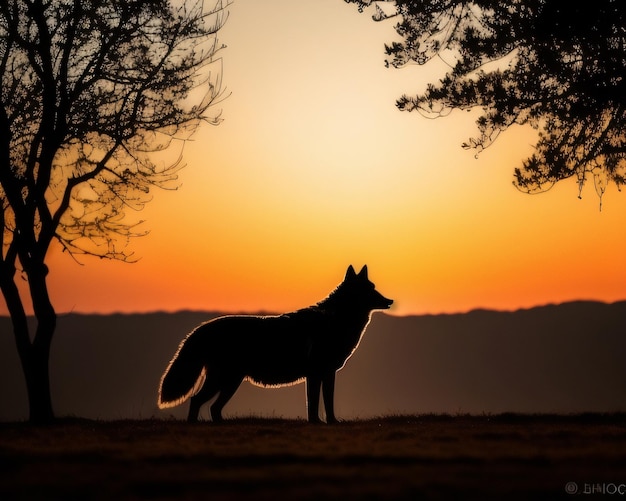 Un lupo stagliato contro un cielo al tramonto