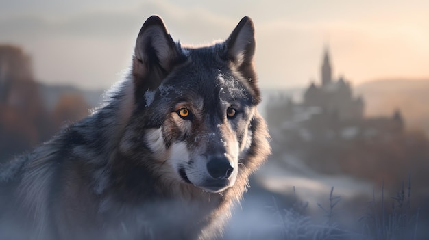 Un lupo sullo sfondo di un paesaggio