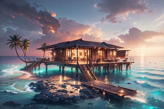 Un lussuoso bungalow acquatico annidato nelle acque cristalline delle Maldive circondato da vibranti