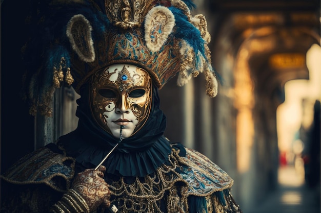 Un lussuoso costume maschile dorato del personaggio del Carnevale di Venezia su sfondo nero IA generativa