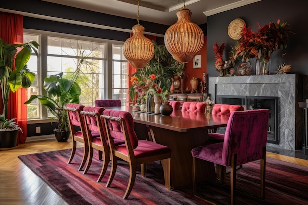 Un lussuoso interno di sala da pranzo bohemia con colori vivaci e texture lussuosi