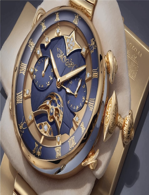 Un lussuoso orologio in oro con intricati dettagli di diamanti incastonati su uno sfondo blu scuro