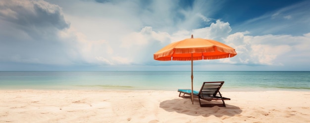 Un lussuoso paradiso sulla spiaggia, sedie a sdraio e un ombrellone su una spiaggia di sabbia bianca con acque blu cristalline e un cielo nuvoloso Perfetto per concetti di viaggio e resort AI Generativo