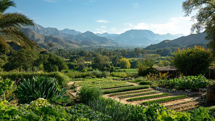 Un lussureggiante giardino di verdure che fiorisce in una valle soleggiata circondata da montagne