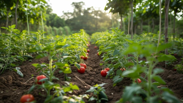 Un lussureggiante giardino di verdure con file di pomodori, cetrioli e zucchine che prosperano sotto il sole