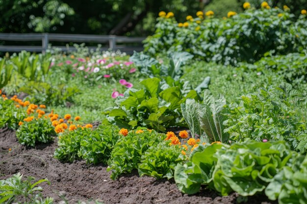 Un lussureggiante giardino vegetale della comunità in piena fioritura primaverile con chicchi di pisello, lattuga e radice