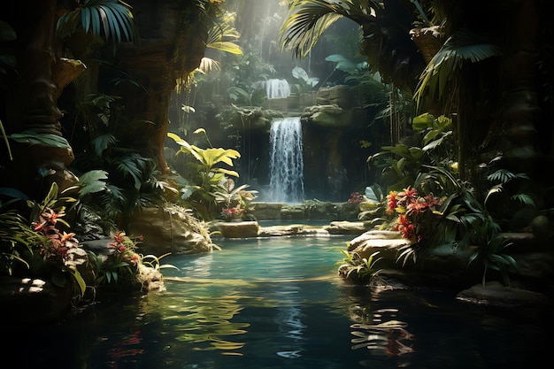 Un lussureggiante paradiso tropicale con foto realistiche di cascate nascoste