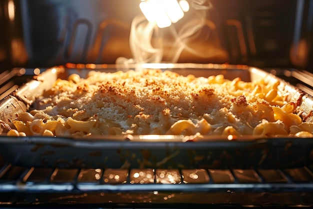 Un macaroni e formaggio croccanti nel forno con pasta, formaggio e briciole di pane