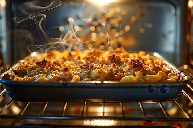 Un macaroni e formaggio croccanti nel forno con pasta, formaggio e briciole di pane