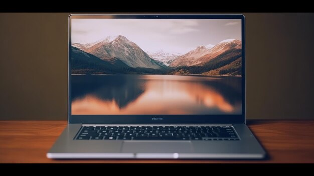 Un macbook pro è aperto su uno schermo con una scena di montagna.