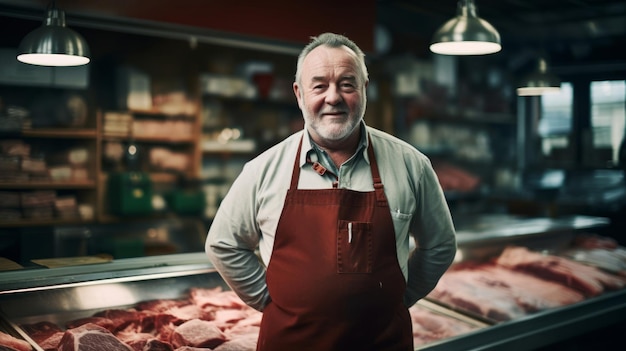 Un macellaio esperto, un'espressione saggia, un bancone di carne ben rifornito.