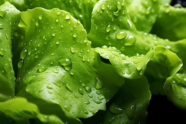 Un macro close-up del fogliame di lattuga di rugiada in alta definizione