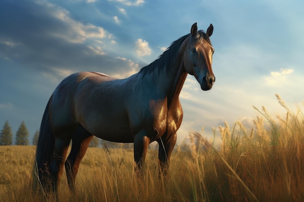 Un maestoso cavallo al pascolo in un prato verde sotto un cielo blu brillante IA generativa