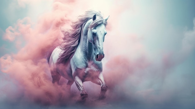 Un maestoso cavallo bianco al galoppo attraverso un cielo da sogno pieno di soffici nuvole