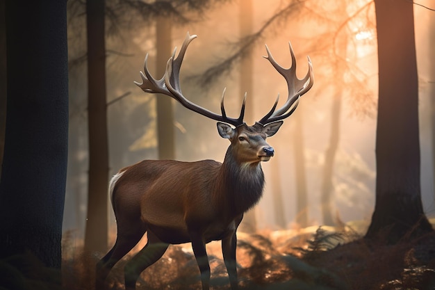 Un maestoso cervo con le corna che si erge orgoglioso nella foresta all'alba