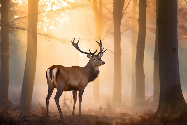 Un maestoso cervo con le corna che si erge orgoglioso nella foresta all'alba