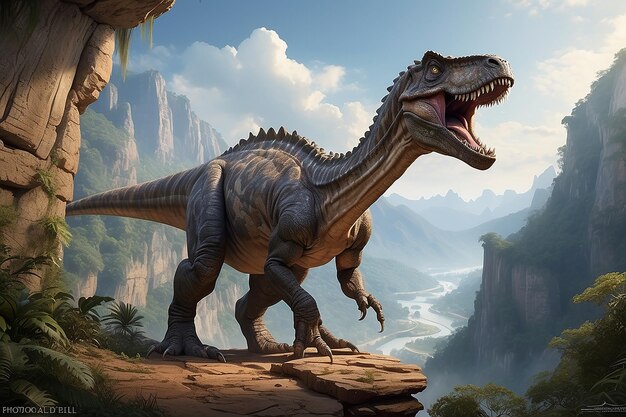 Un maestoso dinosauro imponente si erge sul precipizio di una scogliera incredibilmente alta