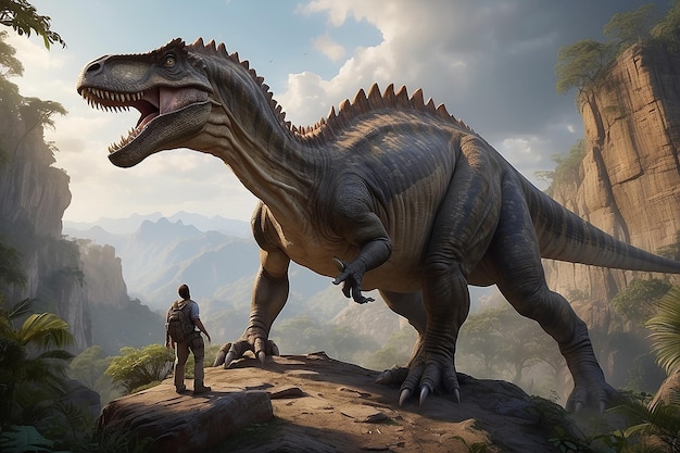 Un maestoso dinosauro imponente si erge sul precipizio di una scogliera incredibilmente alta