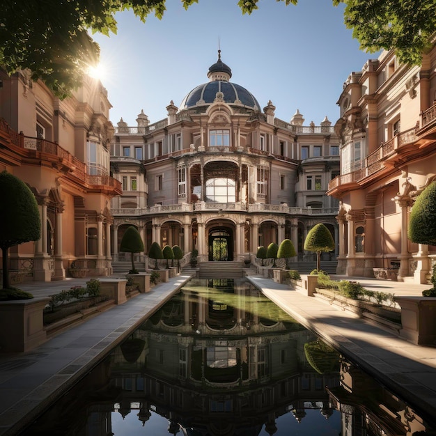 Un maestoso edificio in arenaria con intricati dettagli architettonici che riecheggiano storie di storia e