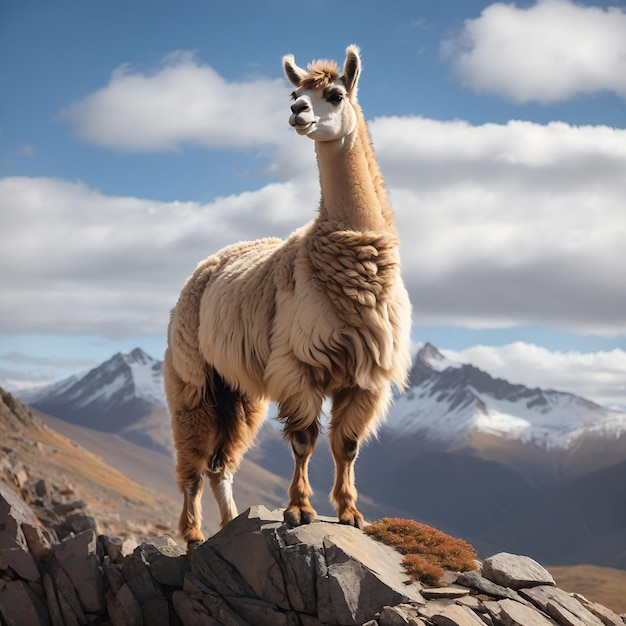 Un maestoso lama in piedi in cima a un picco di montagna rocciosa la sua pelliccia che soffia nel vento Ai Generato