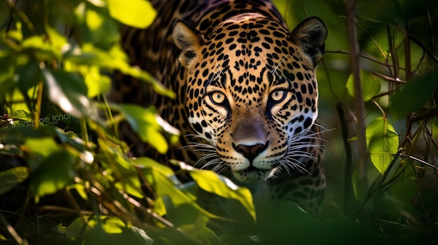 Un maestoso leopardo fissa intensamente dai rami di un albero in natura