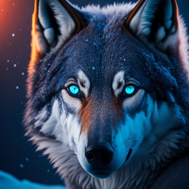 Un maestoso lupo invernale con occhi dai colori penetranti e vibranti illuminati da uno sfondo cinematografico in 4K
