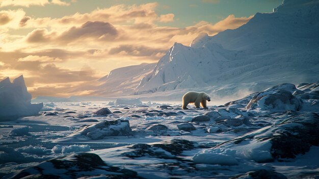 Un maestoso orso polare che cammina attraverso strati di ghiaccio e rocce per cacciare