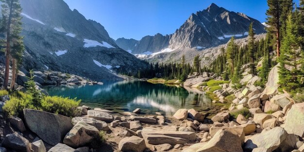 Un maestoso paesaggio montano con cime innevate un cristallino lago alpino Generativo ai