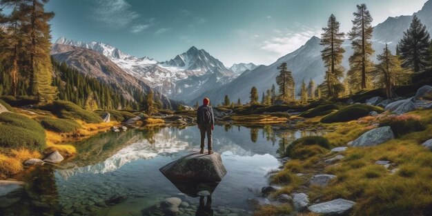 Un maestoso paesaggio montano con cime innevate un lago alpino cristallino un escursionista solitario Generative ai